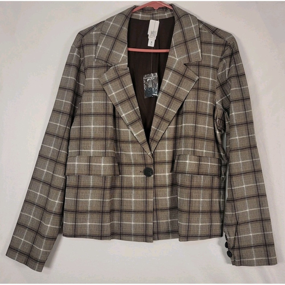 Wynne Layers Blazer Womens M Brown Plaid Cropped Button Jacket New Lined Career
